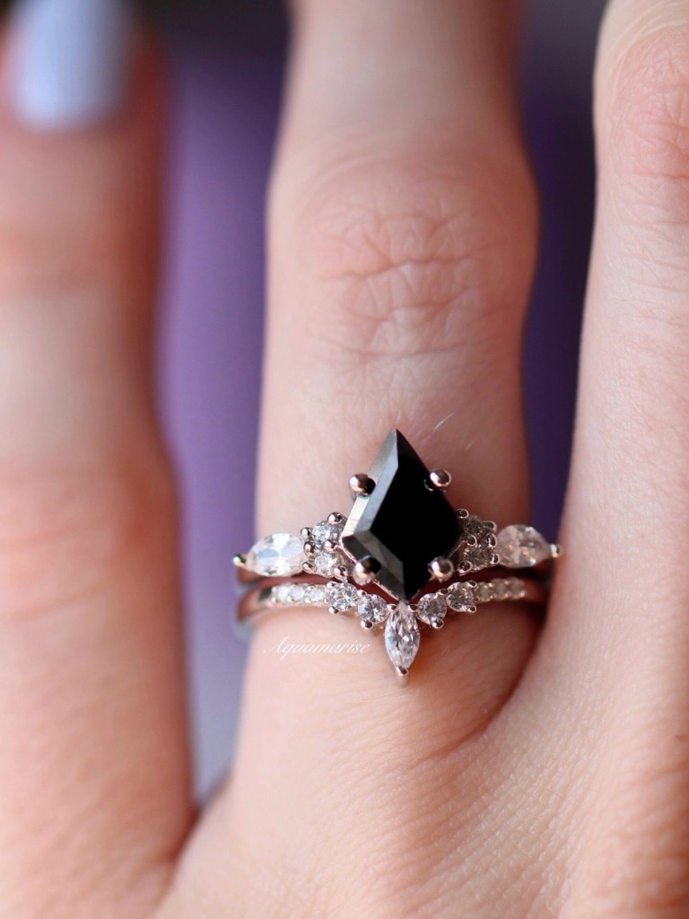 Aquamarise Black Onyx Diamond Ring Set Kite Sterling Silver Unique Jewelry NWOT - Picture 5 of 8